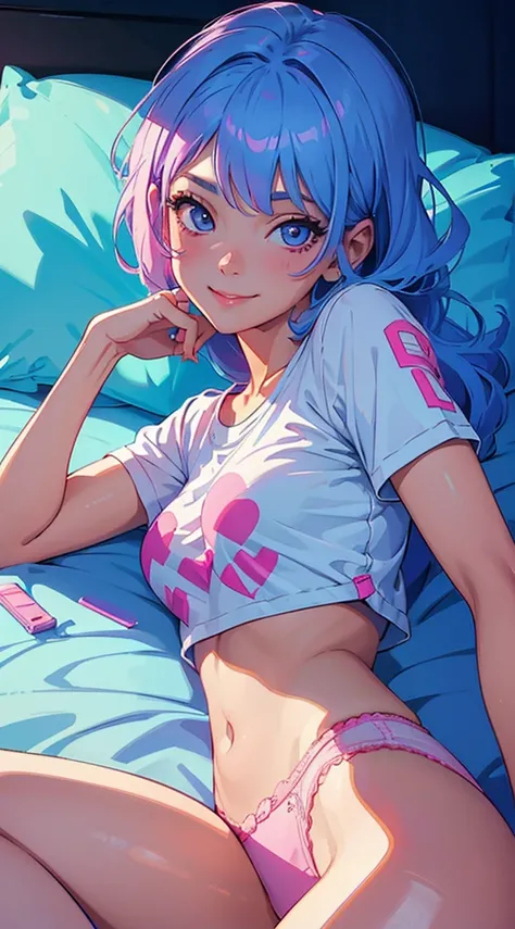 masterpiece, best quality, highly detailed, (1 girl) lying in bed, pink panties, white tee shirt, smiling, blue hair, 80s, neon, synthwave