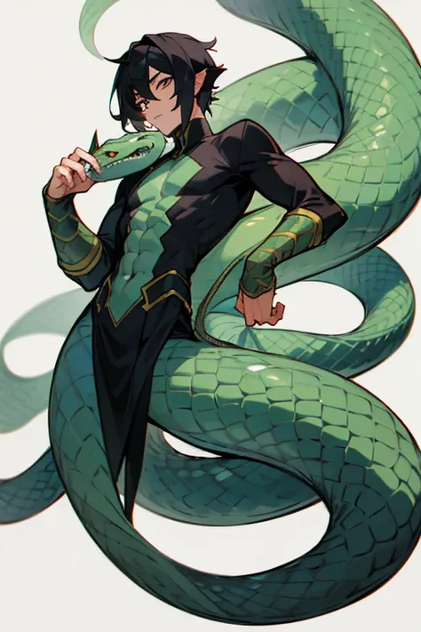 an image a drawing of a man whose lower body is a snake, 1boy, scales, male focus, solo, (monster boy),lamia, cuspid, black hair