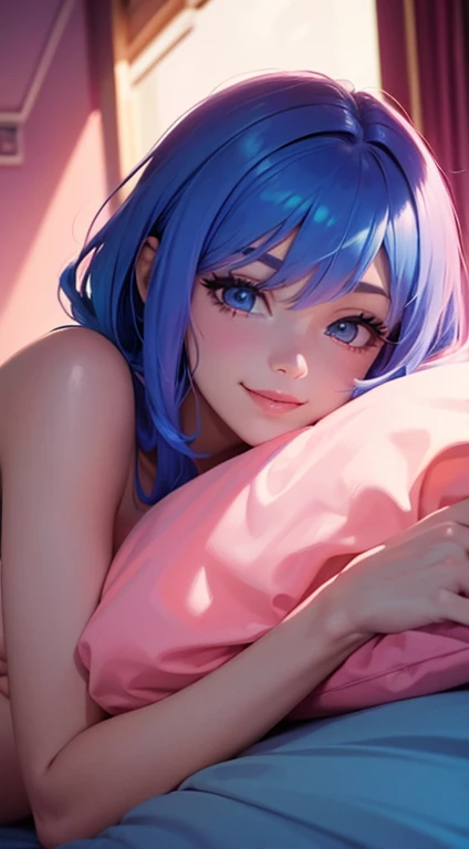 masterpiece, best quality, highly detailed, (1 girl) lying in bed, pink panties, topless, smiling, blue hair, 80s, neon, synthwave