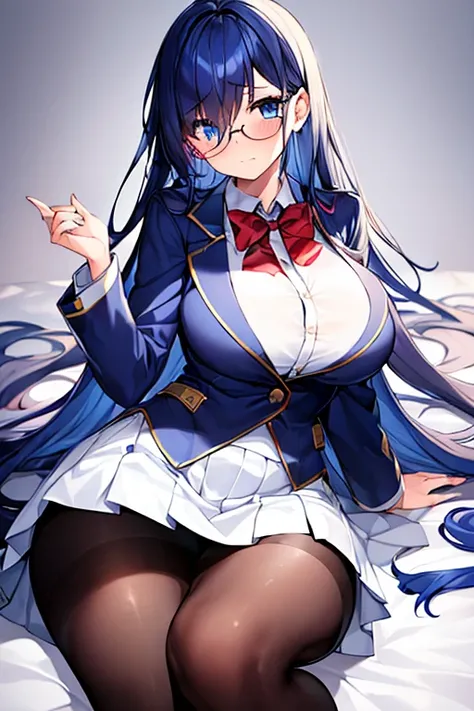 1girl, breasts, large breasts, wide hips, dark blue hair, blue hair, long hair, one-eye covered, hair over one eye, blue eyes, black jacket, miniskirt, white skirt, ((white skirt)), pantyhose, bowtie, red bowtie, shy, timid, blushing, red glasses, glasses,...