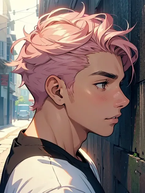 Latino teenage man, male, light brown eyes, button nose, thin lips, extremely pretty and handsome, sunlight,  side profile view, casual ,short pale pink  hair, pretty, highly detailed, epic, anime style