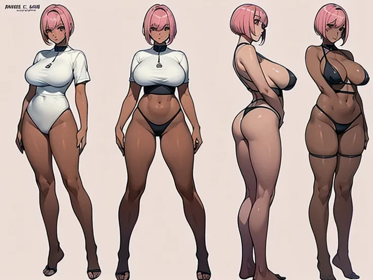 Female original character reference sheet adoptable, pink hair, (short bangs hair:1.36), detailed brown eyes, narrow waist, depth of field, 1girl, (on a   background:1.3), (full body), big breasts, wide hips, athletic figure, ((thigh cutout)), (((dark skin...