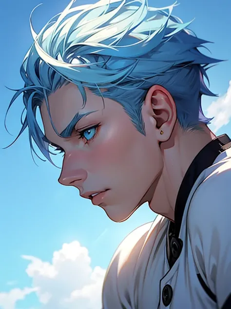 Pale teenage man, male, blue eyes, button nose, thin lips, extremely pretty and handsome, sunlight,  side profile view, effeminate, casual ,short pale Blue hair, pretty, highly detailed, epic, anime style