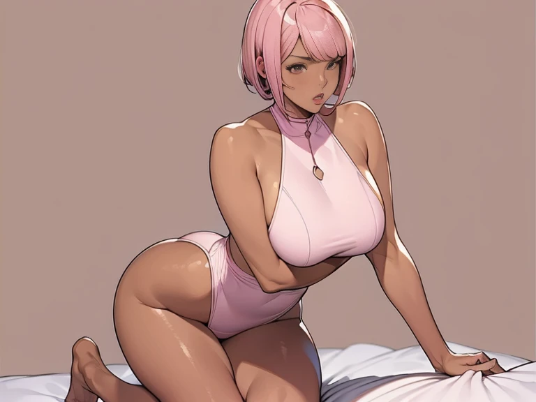 sexy pose, pink hair, (short bangs hair:1.36), detailed brown eyes, narrow waist, depth of field, 1girl, (on a   background:1.3), (full body), big breasts, wide hips, athletic figure, ((thigh cutout)), (((dark skin))), oily skin,