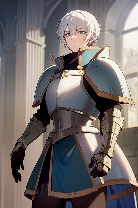 (masterpiece, best quality), 1man, solo, short white hair, green eyes, ((dressed in blue knight armor)), castle background