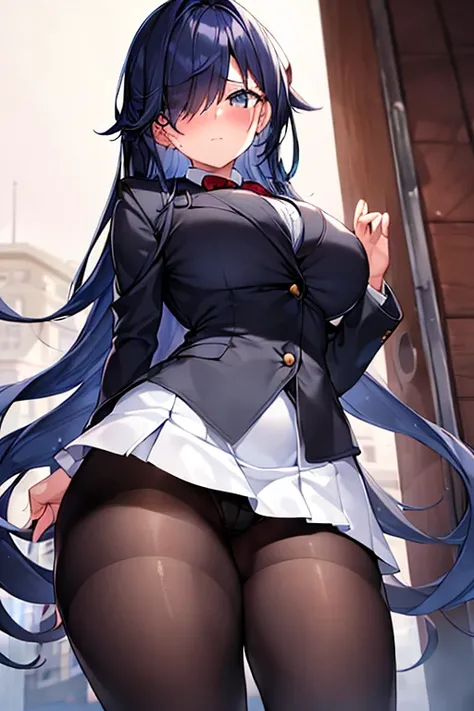 1girl, breasts, large breasts, wide hips, dark blue hair, hair over one eye, one eye covered, long hair, jacket, ((black jacket)), black jacket, miniskirt, white skirt, ((white skirt)), pantyhose, bowtie, red bowtie, shy, timid, blushing, blush, wavy mouth