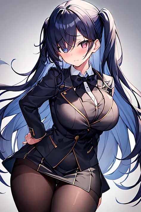 1girl, breasts, large breasts, wide hips, dark blue hair, hair over one eye, one eye covered, long hair, jacket, ((black jacket)), black jacket, miniskirt, white skirt, ((white skirt)), pantyhose, bowtie, red bowtie, shy, timid, blushing, blush, wavy mouth