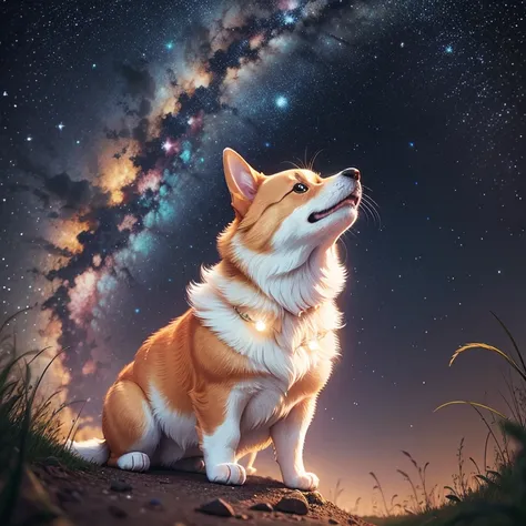 Corgi looking up at the starry sky