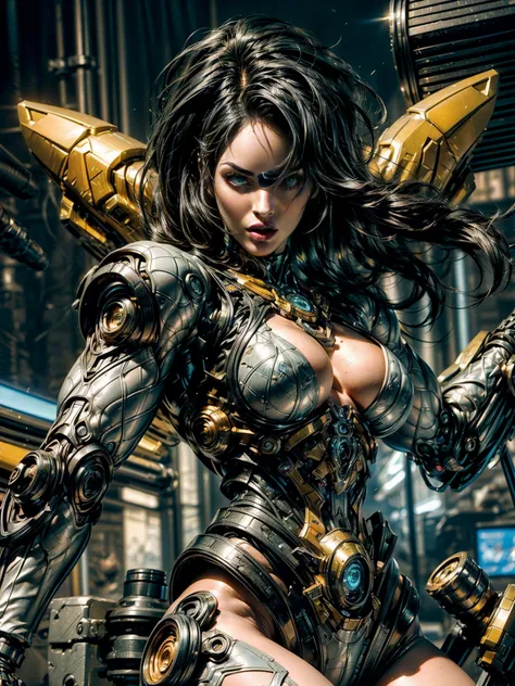 (megan fox), Cinematic, hyper-detailed, and insanely detailed, this artwork captures the essence of a muscular cyborg girl. Beautiful color grading, enhancing the overall cinematic feel. Unreal Engine brings her anatomic cybernetic muscle suit to life, app...