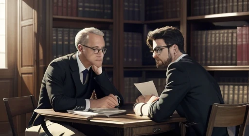 Dans une bibliothèque peu éclairée, Deux hommes sont assis dans des fauteuils en cuir ancien, l’un face à l’autre. Parmi eux, Il y a une grande table en bois couverte de livres. L’un des hommes est vieux, avec un air de sagesse et un œil profond. L’autre e...