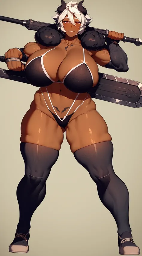 helga, dark-skinned female, short hair, silver hair, huge breasts, muscular female, thick thighs, thick arms, tomboy, holding axe, reflection light, blending, bloom, god rays, ray tracing, Fujicolor, drop shadow, Gothic art, anime, Ghibli-like colours, ani...