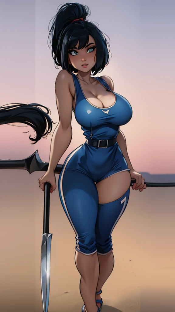 Beautiful girl with short black hair.  She is wearing a white tank top and a blue jumpsuit.Another planet background. big tits. He has a black long scythe in his right hand