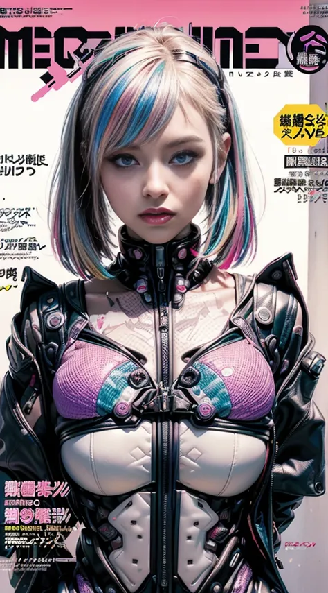 Flowing_contour biomechanical__cybernetic_airbrush___Strange__(((Japanese Harajuku style Fashion_(((colorful Magazine_cover)))__art_decor_Border)))__porcelain_and_Platinum / Futuristic Cyberpunk woman with porcelain skin, cybernetic implants.