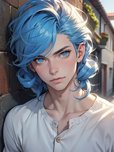 Pale teenage man, male, blue eyes, button nose, thin lips, extremely pretty and handsome, sunlight,  looking at viewer, effeminate, casual ,short curly pale Blue hair, pretty, highly detailed, epic, anime style