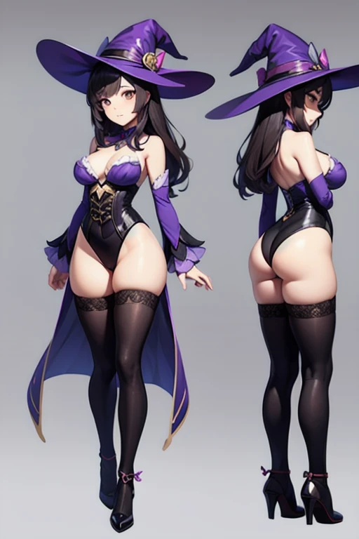 ((masterpiece)),(((best quality))),(character design sheet, same character, same outfit, front view, side view, back view), illustration, 1 girl, alone, beautiful girl, genshin impact style, full body, witch, purple witch costume, big witch hat, golden eye...