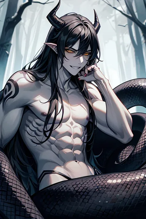 Lamiaan image a drawing of a man whose lower body is a snake, 1boy, black scales, black snake, male focus, solo, (monster boy),(snake boy), lamia, snake eyes, yellow eyes, (tsurime:1.0) , oni horns, teeth, (fang:1.0), sharp fangs, seductive smile, sexy, bl...