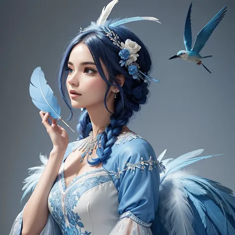 Blue and pink woman with bird like features wearing a blue and white gown with feather accents