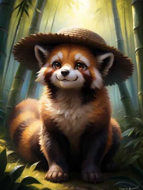 by kenket, by totesfleisch8, (by thebigslick, by silverfox5213:0.8), (by syuro:0.2), ((masterpiece)), best quality, illustration, solo, red panda, ((feral)), dark brown eyes, orange-brown fur, bamboo forest, smiling, ((cute)), Chinese straw hat, day, natur...