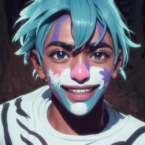 23 year old black man smiling with ultra realistic clown painted face