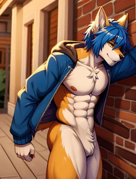 Furry boy,with Blue hair, withHood jacket, Yellow eyes, muscular body, no shirt, naked