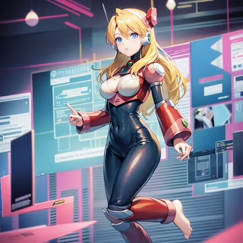 blue eyes, blonde hair, android, long hair, robot ears, (bodysuit), (barefoot)