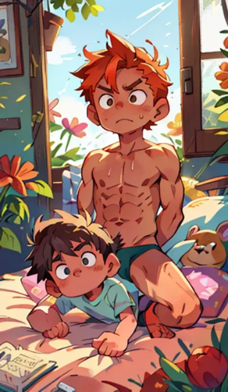 (masterpiece, best quality), 1boy，Lewdness，younge boy，Kids face，Juvenile faces，sideface，Lying naked in bed，Covered in sweat，adolable，infancy，Young age，Short round face，Flat chin，Fine face in detail，Colored briefs，musculous, Short bright orange hair, Sky bl...