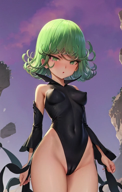 (La mejor calidad, 8k, 12), 1人の女の子, Tatsumaki, Pelo corto, cabello verde, pecho gigante, El cuerpo perfecto, Cara ultra detallada, Labios detallados, ojos delgados, vestido negro, Standingn, tentador, excitado, areolas convexas, en celo, vapor, , tembloros...