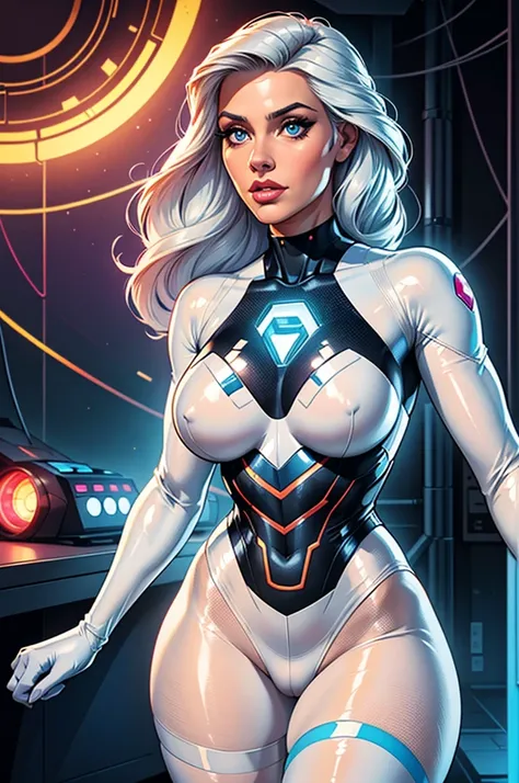 (best quality,8k:1.2,high resolution:1.2),ultra-detalhado,Realistic,vintage science fiction female superhero,retro futurism,cabelos brancos,belos olhos detalhados,beautiful detailed lips,olhos e rosto extremamente detalhados,long eyelashes,Transparent whit...