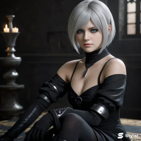 "2b nier automata" (best quality:1.2,Altas,ultra-detalhado,Realistic),(2 garotas lindos olhos detalhados,beautiful detailed lips,olhos e rosto extremamente detalhados,long eyeslashes),(3D rendering),(venda preta sobre os olhos),(Corpo Perfeito),(ultra-Real...