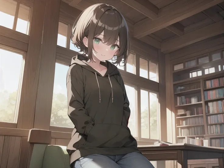 Masterpiece, best quality, 8K, 1 girl, brown short cut hair, green eyes, wear black hoodie and farmer jeans, in the room, sitting on a chair, a table, study from a book, sunny day