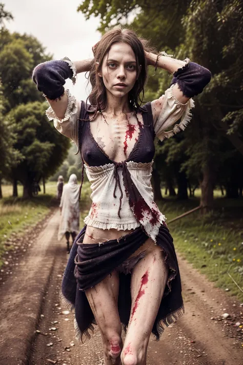 Zombie Tess of the d’Urbervilles, Tess Darbeyfield, Thomas Hardy novel Tess of the d’Urbervilles, ((a skinny malnourished 18 year old Nastasia Kinski lookalike as ((a ravenous white-eyed blood-soaked zombie)), she’s ((barely clothed now in rags, her clothe...