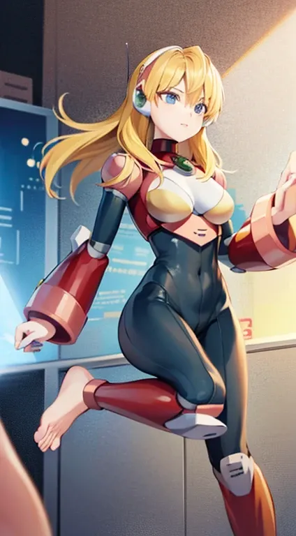 blue eyes, blonde hair, android, long hair, robot ears, (bodysuit), ((barefoot)), (feet)