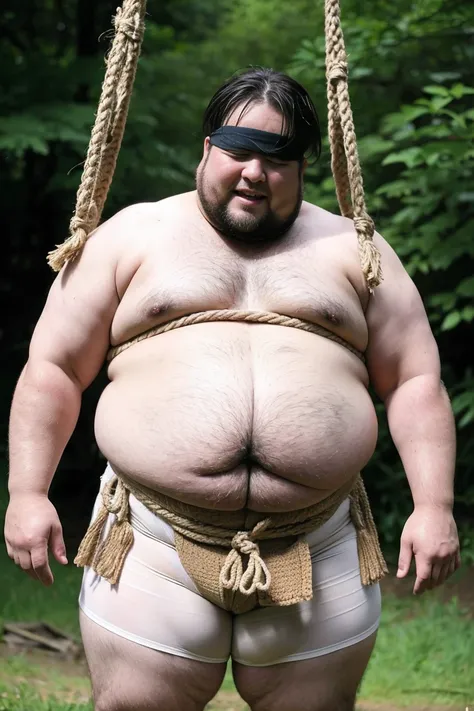 A fat adult man. His suit is torn. He has a humiliating expression. He weighs over 100 kg. He is bound with rope and is wearing a loincloth. A blindfold completely covers his eyes. He has a cute face, is completely fat, and is only interested in sexual des...