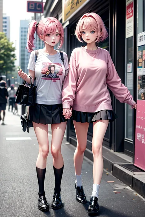 (Best Quality, 4K, 8K, hight resolution, masutepiece:1.2), Pink hair、bobhair、her breasts are beautiful and big。In the middle of a scramble crossing。crowded with passersby。Stand still and pull down pants、Showing sheer panties。shame。twinsies。Shopping while h...