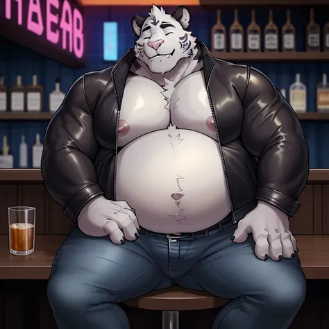 axel cosmas, solo, leather jacket, blue jeans, plump, huge , bar background, nipples, big belly, holding belly, big ass, eyes shut, sitting on seat, 5 fingers,