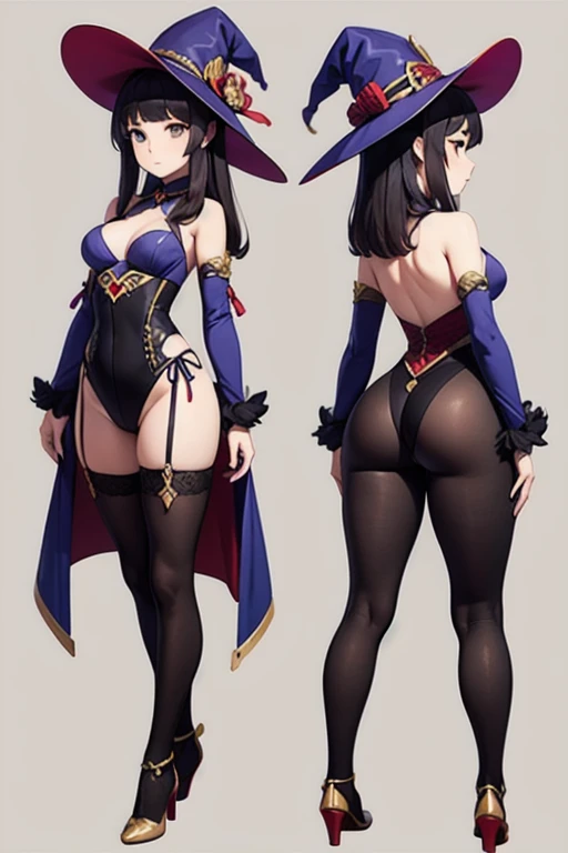 ((master piece)),(((best quality))),(Character design sheet, Same character, same outfit, Front view, side view, back view), illustration, 1 girl, Only, beautiful girl , genshin impact style, full body, archer, purple archer costume, big witch hat, golden ...