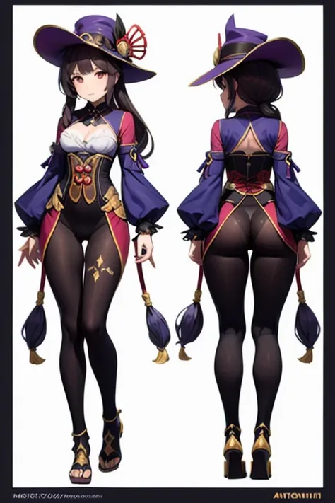 ((master piece)),(((best quality))),(Character design sheet, Same character, same outfit, Front view, side view, back view), illustration, 1 girl, Only, beautiful girl , genshin impact style, full body, archer, purple archer costume, big archer hat, golden...