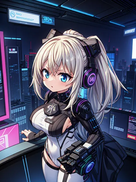 4K,hight resolution,One Woman,White blonde hair,poneyTail,head phone,Colossal tits,ninjartist,White Cybersuit,Cyberpunk Handgun,underground city