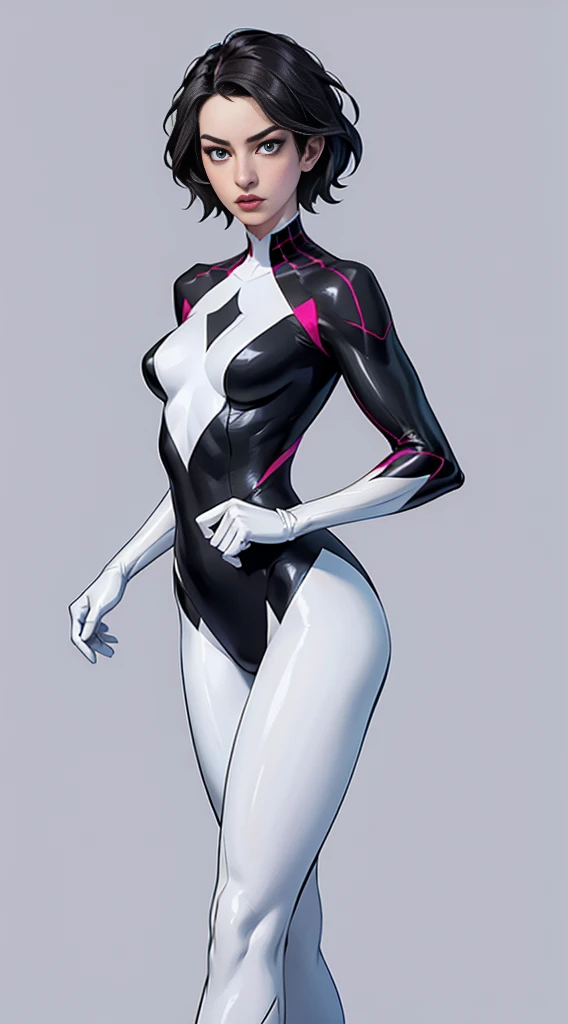 spider gwen, Hot, partial , hightquality, Dynamic Poses, Beautiful, Gorgeous, In love,Short suit, spider in a suit, white black red suit、Anne Hathaway