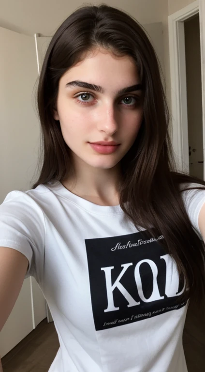 ((Front facing camera selfie)), 18 yo girl named Zahra Amiri, (straight nose), (prominent nose bridge), (female face golden ratios), long dense dark brown hair, (pale skin:1.25), (hazel eyes), thin eyebrows, high cheekbones, beautiful plump lips, big natur...