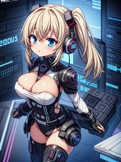 4K,hight resolution,One Woman,White blonde hair,poneyTail,head phone,Colossal tits,ninjartist,White Cybersuit,Cyberpunk Handgun,underground city