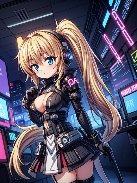 4K,hight resolution,One Woman,White blonde hair,poneyTail,head phone,Colossal tits,ninjartist,White Cybersuit,Cyberpunk Handgun,underground city