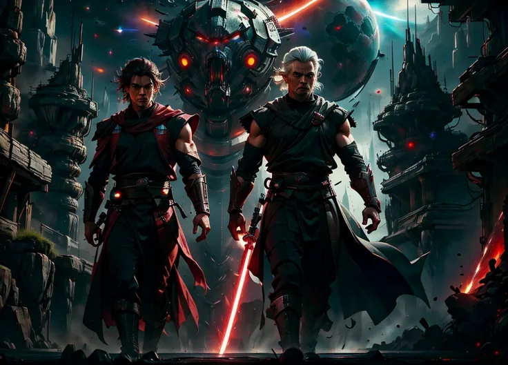 2 fierce young Jedi warriors, men, sith dark robes, red light sabers, ready for war, space opera, massive space ships, traces of the force around the men