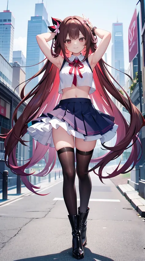 masterpiece, best quality,shiny,chromatic aberration abuse,pastel color,full body,
1girl,solo, aoisan,red eyes,brown hair,smile,long hair, Outdoor, standing, arms up
 sleeveless shirt, layered shirt, layered skirt, crop top, wrist cuffs,gradient legwear, r...