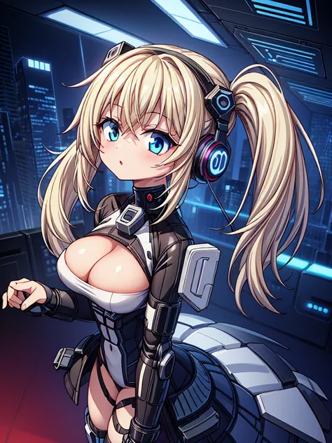 4K,hight resolution,One Woman,White blonde hair,poneyTail,head phone,Colossal tits,ninjartist,White Cybersuit,Cyberpunk Handgun,underground city