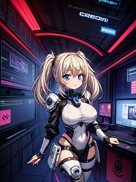 4K,hight resolution,One Woman,White blonde hair,poneyTail,head phone,Colossal tits,ninjartist,White Cybersuit,Cyberpunk Handgun,underground city