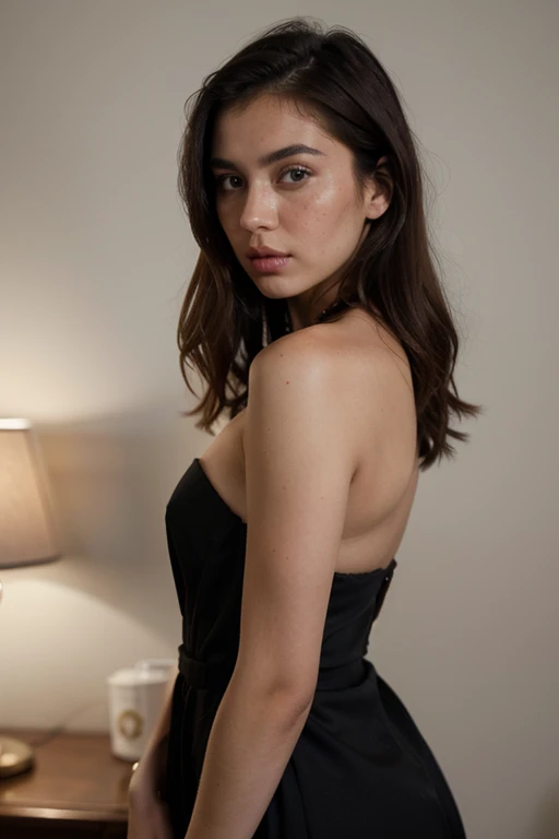 ((best quality)), ((masterpiece)), (detailed), perfect face realistic photo of beautiful woman with long dark brown hair, Russian, influencer, light freckles, dark brown eyes, big lips, no makeup, instagram, a woman in a black dress posing for a picture, t...