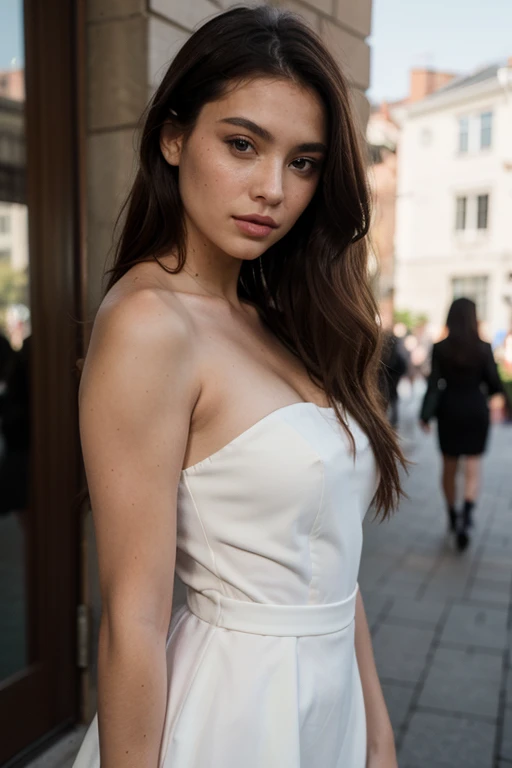 ((best quality)), ((masterpiece)), (detailed), perfect face realistic photo of beautiful woman with long dark brown hair, Russian, influencer, light freckles, dark brown eyes, big lips, no makeup, instagram, a woman in a black dress posing for a picture, t...