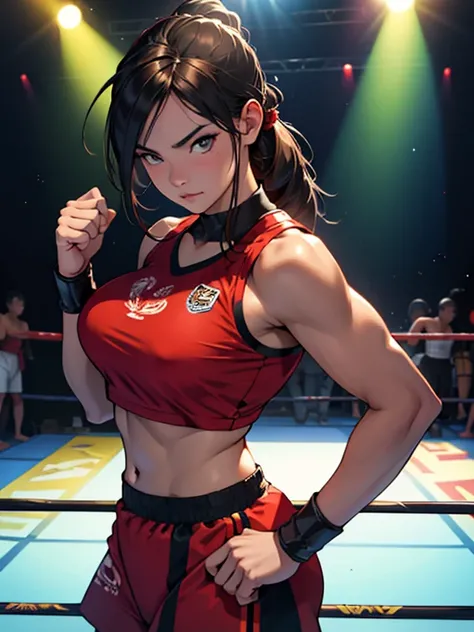 Beautiful girl with dark hair and big breasts wearing a Muay Thai uniform. Going on stage with the opponent, a beautiful woman with bronze hair.