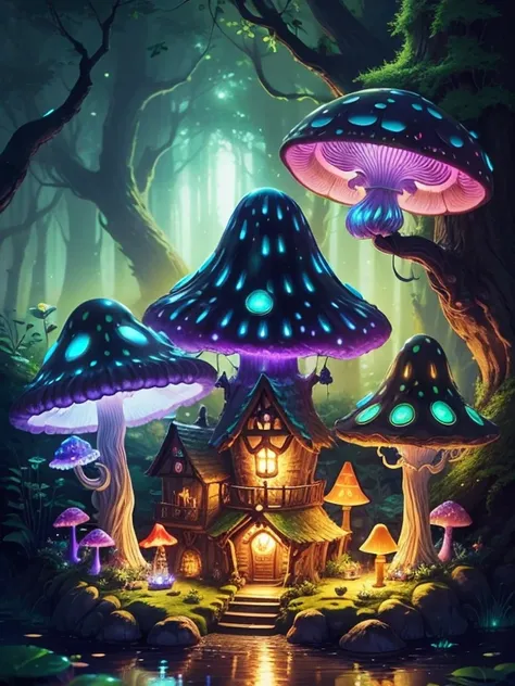 (masterpiece:1.2),bioluminescent mushroom town,fairy houses,magical forest,fairies,glimmering lights,vibrant colors,sparkling mushrooms,fairy dust,sunlight filtering through leaves, fantasy land,enchanted home,glistening cobblestone streets,tranquil ponds,...